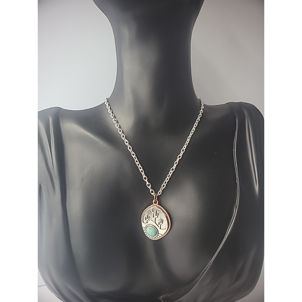 New Handmade Necklace Chain Silver Tone Pendant Round Silver Blue Stone Cactus
